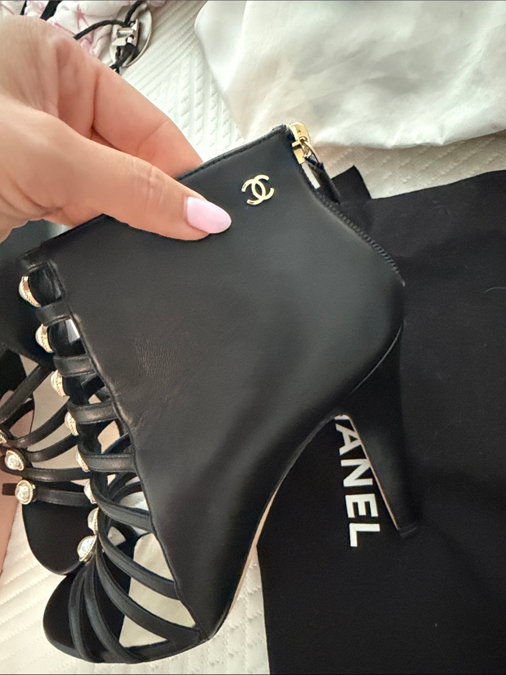CHANEL Black Strappy Pearl-Button Heeled Sandals - Picture 2 of 4
